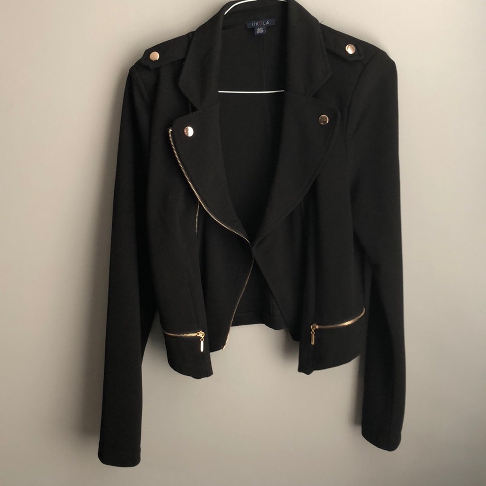 Black Asymmetrical Blazer with Gold Zipper Details
